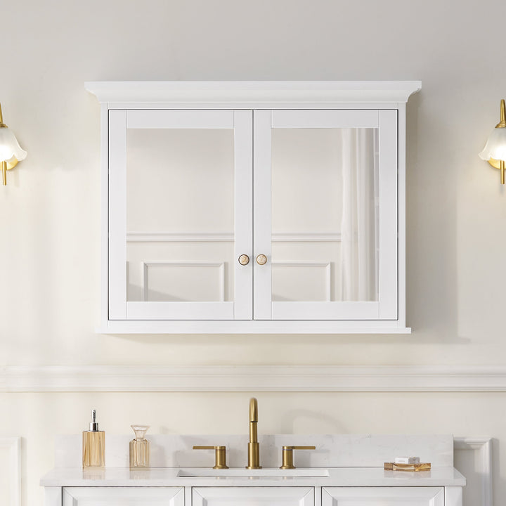 WELLFOR GRACE Solid Wood 40-in x 30-in Surface Mount White Mirrored Soft Close Medicine Cabinet