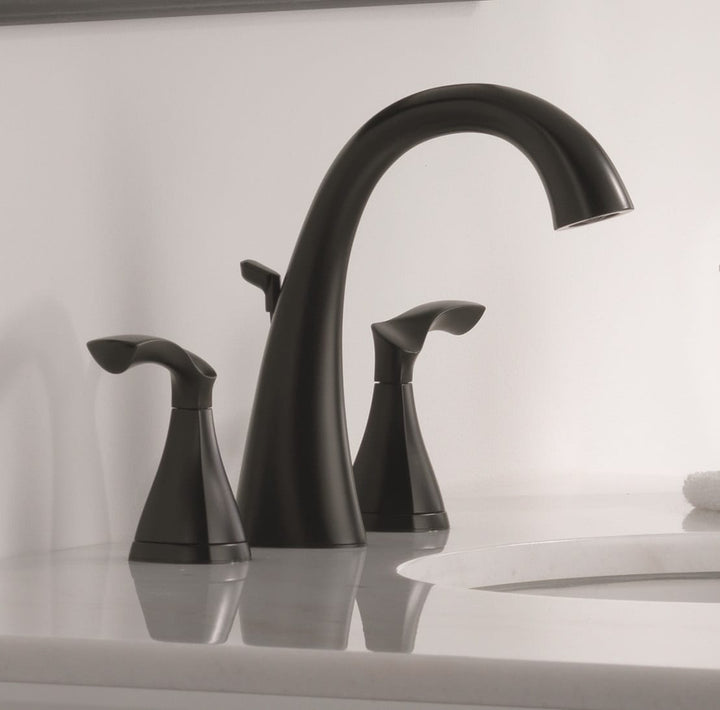 Delta Sandover Matte Black 2-Handle Widespread WaterSense Bathroom Sink Faucet with Drain, 6–16 in.