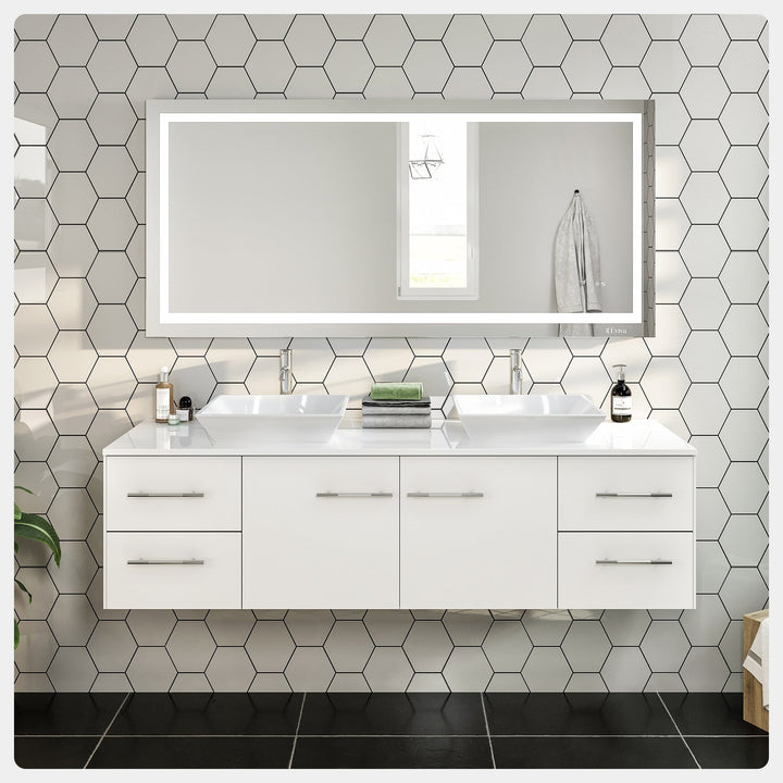Eviva Totti Wave 72 in. W x 16 in. D x 22 in. H Double Bathroom Vanity in White with White Glassos Top and White Vessel Sinks