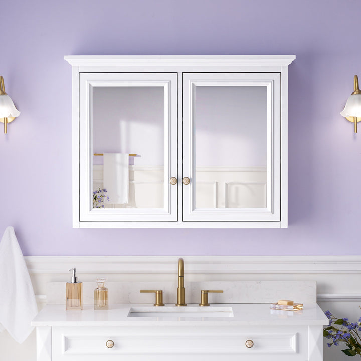 WELLFOR GRACE Solid Wood 40-in x 30-in Surface Mount White Mirrored Soft Close Medicine Cabinet