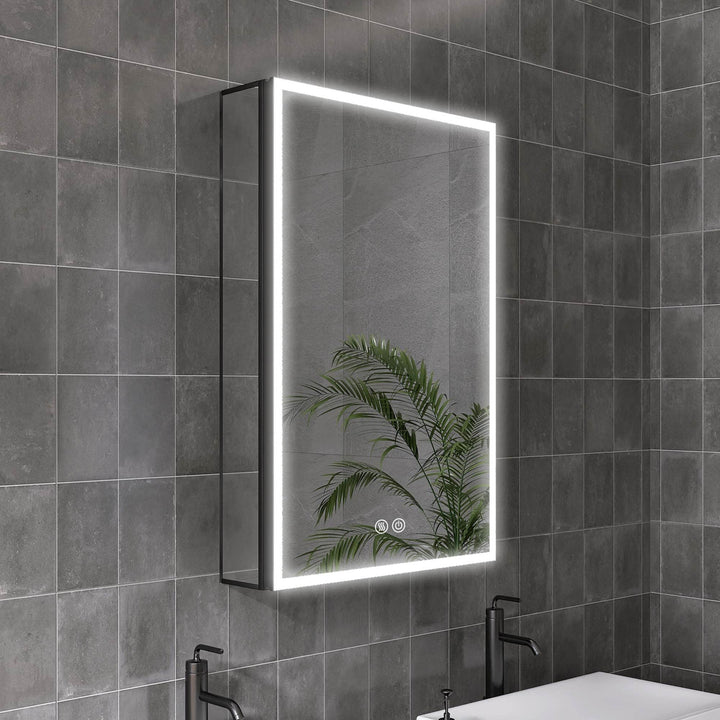 WELLFOR 20-in x 30-in Lighted LED Fog Free Surface/Recessed Mount Matte Black Mirrored Soft Close Medicine Cabinet with Outlet