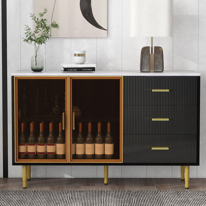 JIMSMAISON The amber-yellow glass doors and marble sticker tabletop are elegant and understated, and the gold metal legs reflect the texture, the design of this cabinet combines the features of modern simplicity and light luxury