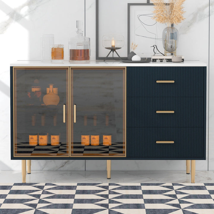 JIMSMAISON The amber-yellow glass doors and marble sticker tabletop are elegant and understated, and the gold metal legs reflect the texture, the design of this cabinet combines the features of modern simplicity and light luxury