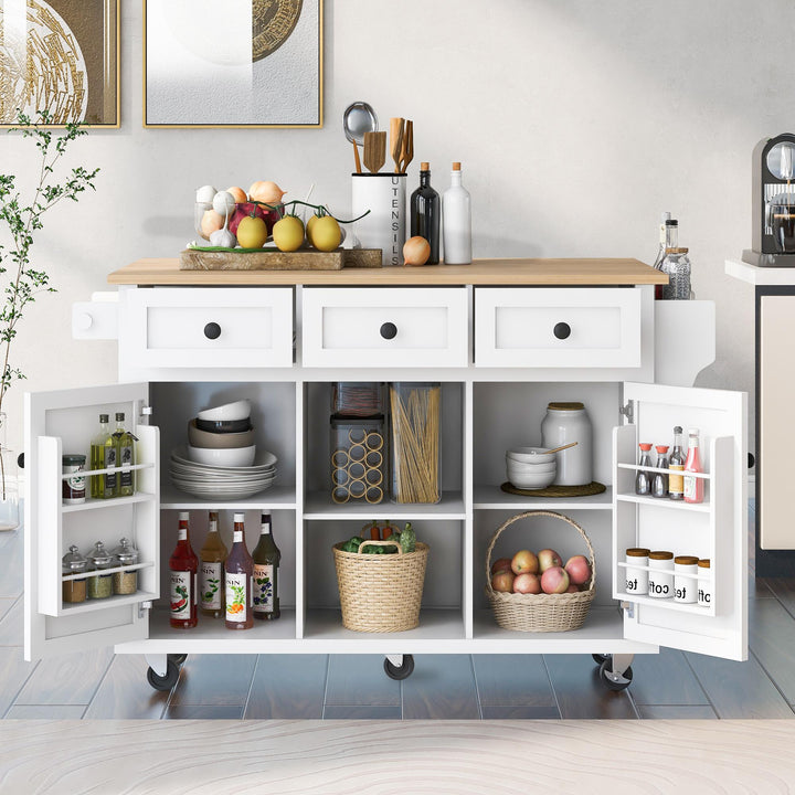 Bayfeve White Kitchen Cart with Rubber wood Drop-Leaf Countertop ,Cabinet door internal storage racks,Kitchen Island on 5 Wheels with Storage Cabinet and 3 Drawers for Dinning Room