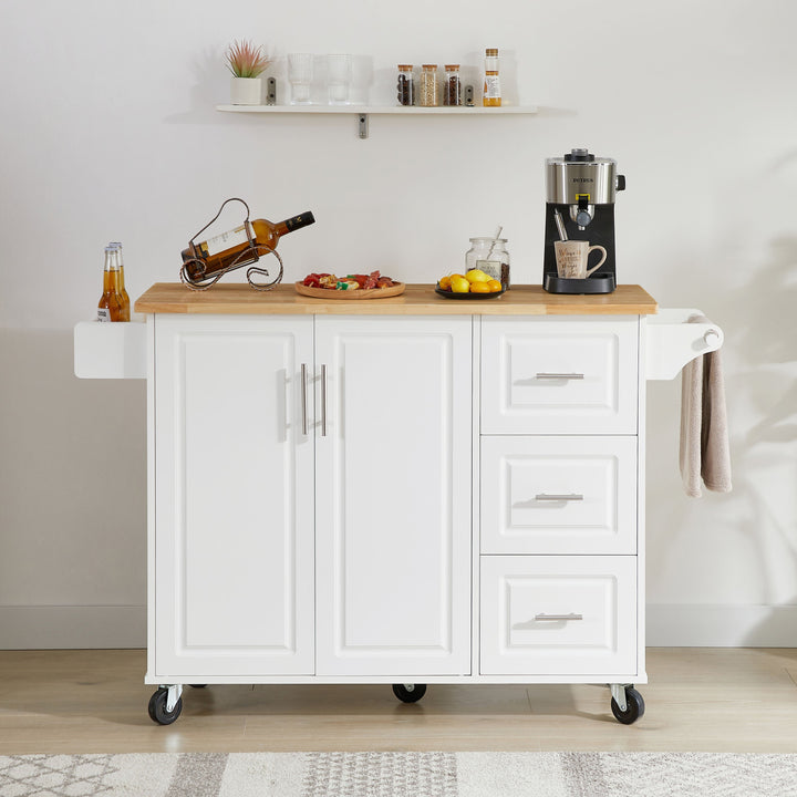 Bayfeve White Rolling Kitchen Island with Drop Leaf Countertop, with Storage Cabinet and Tower Rack
