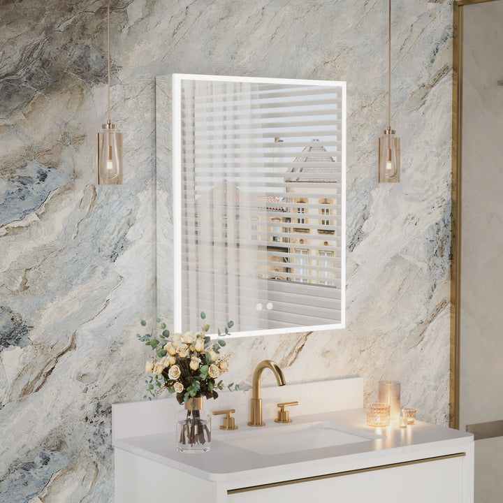 Forclover 24-in x 30-in Lighted LED Fog Free Surface/Recessed Mount Silver Mirrored Soft Close Medicine Cabinet with Outlet