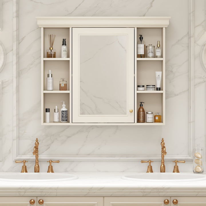 WELLFOR 35.5-in x 29-in Surface Mount Cream Beige Mirrored Soft Close Medicine Cabinet