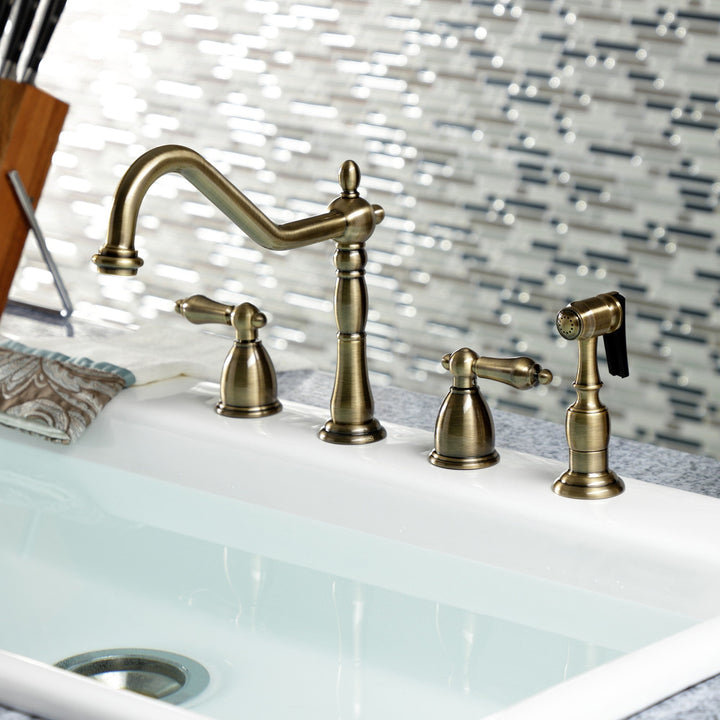 Elements of Design New Orleans Antique Brass 2-Handle Deck-Mount Bridge Kitchen Faucet with Side Sprayer