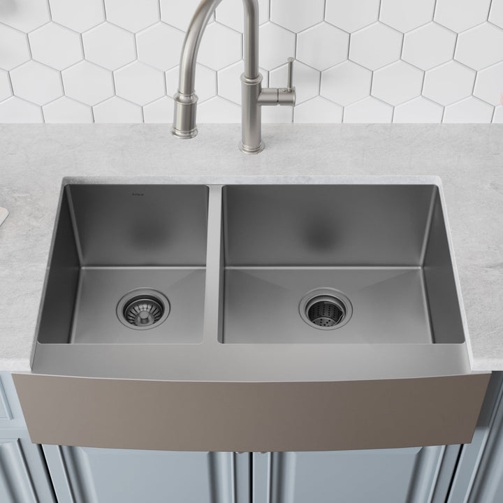 Kraus Standart PRO 33-in x 21-in Stainless Steel Double Offset Bowl, Tall Apron (8-in+) Undermount Farmhouse Kitchen Sink