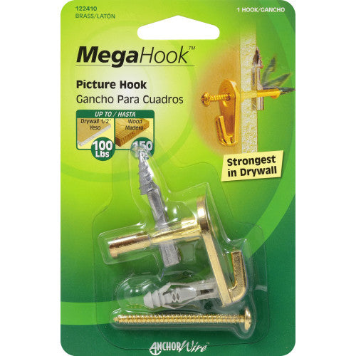 Hillman MegaHook Brass-Plated Heavy-Duty Picture Hook Kit, 100 lb Capacity, 1 Pack