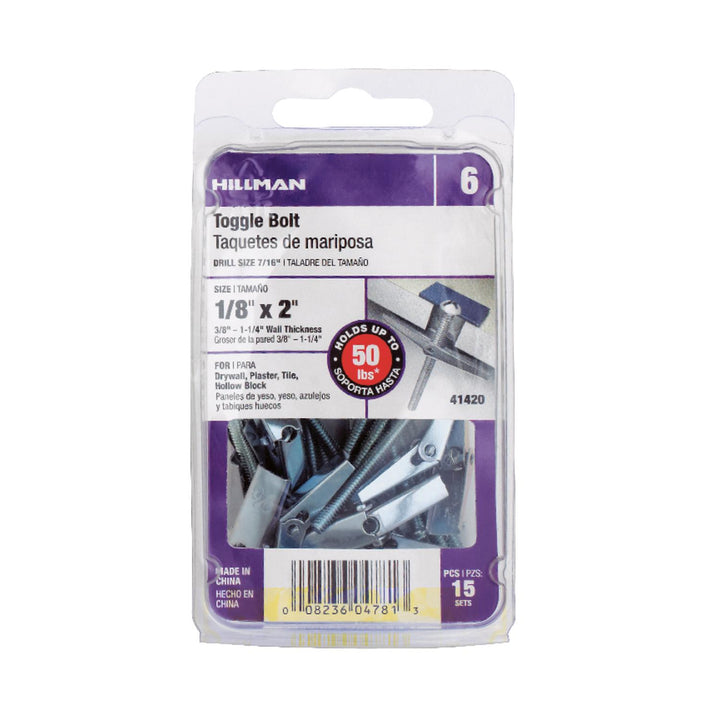 Hillman 1/8 in. Diameter x 2 in. Length Round Steel Toggle Bolt, 15-Pack