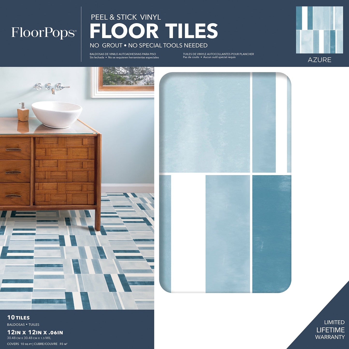FloorPops Blue 12-in x 12-in Water-Resistant Peel-and-Stick Vinyl Tile Flooring, 20-sq ft Carton