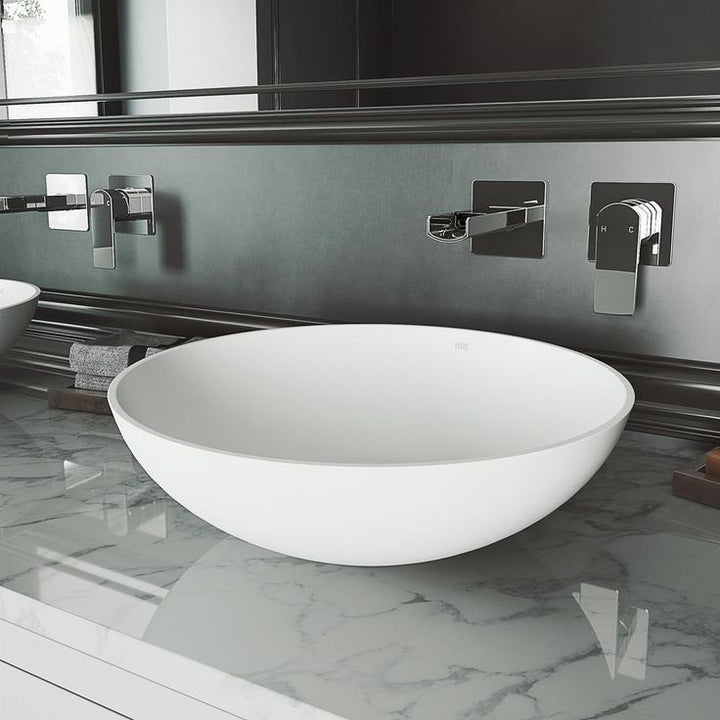 VIGO Matte Stone Lotus Composite Round Vessel Bathroom Sink in White