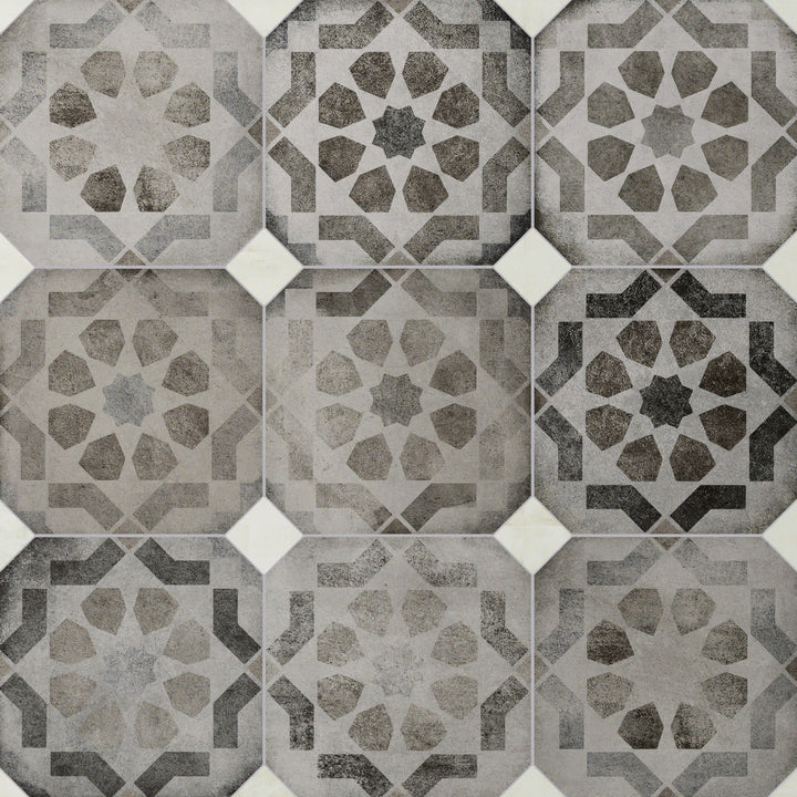 Affinity Tile Laverton Octagon Deco Sombra with Taco Nieve 8-in x 8-in Matte Porcelain Cement look Multi-shaped Floor and Wall Tile product image