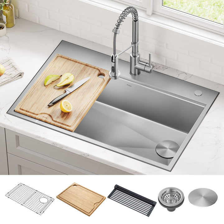 Kraus Kore 33-in x 22-in Stainless Steel Single Bowl Dual-Mount Workstation Kitchen Sink, 2-Hole All-in-One Kit with Accessories