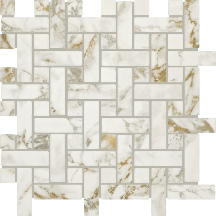 STAINMASTER Calacatta Gem 12-in x 12-in Matte Ceramic Marble look Basketweave Mosaic Floor and Wall Tile product image