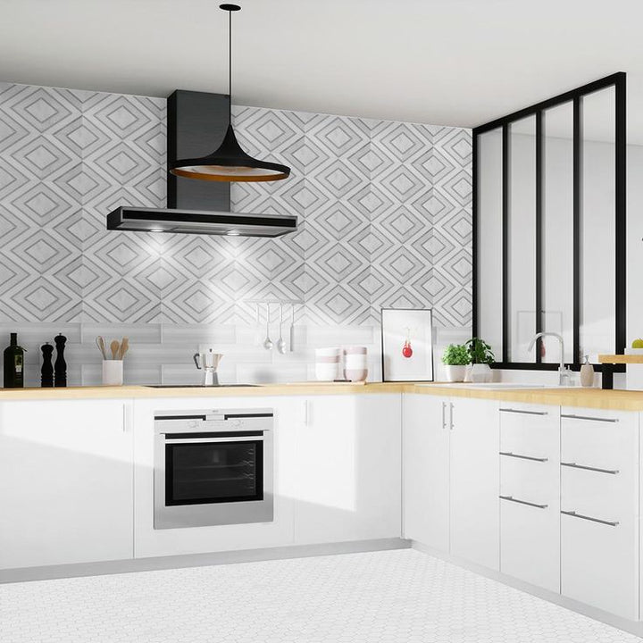 Jeffrey Court Balancing Act White 11.5 in. x 8.75 in. x 8 mm Geometric Polished Natural Stone Wall and Floor Mosaic Tile