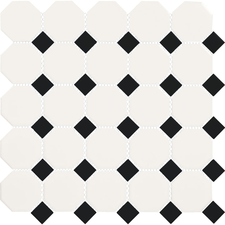 Daltile Octagon Dot Matte White Black Dot 12-in x 12-in Matte Ceramic Patterned Octagon Mosaic Floor and Wall Tile product image