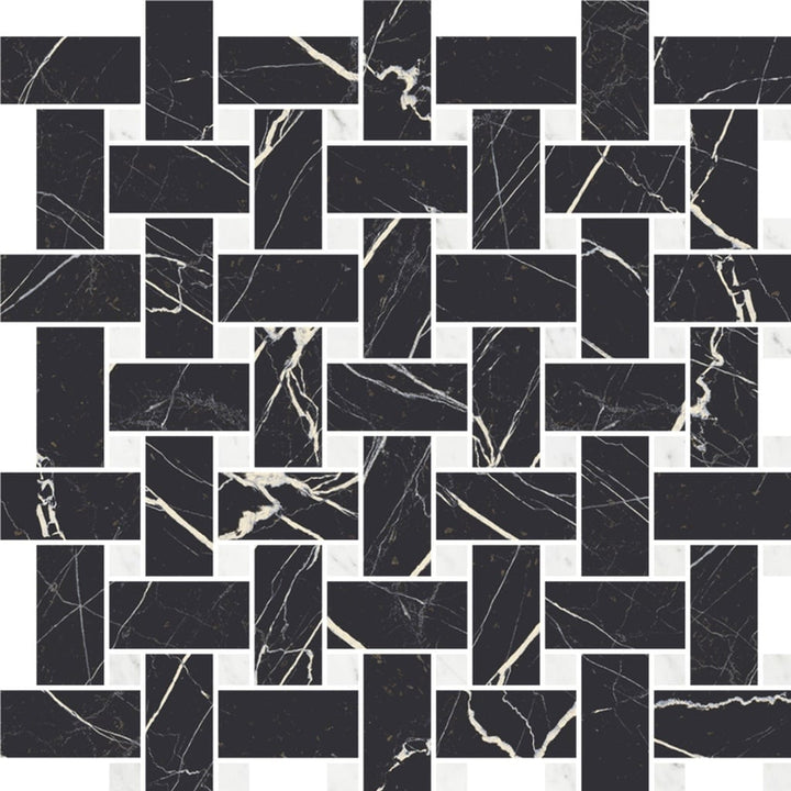 Apollo Tile Regalia Nero Black, White 12-in x 12-in Matte Porcelain Encaustic Basketweave Mosaic Floor and Wall Tile product image