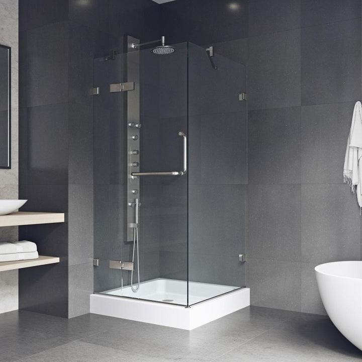 Monteray 36.125 x 79.25 in. Frameless Hinged Shower Door in Brushed Nickel with Clear Glass with Base - Super Arbor