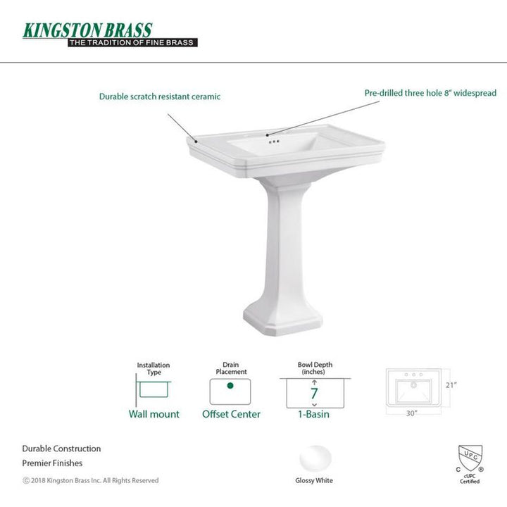 Kingston Brass Victorian Pedestal Combo Bathroom Sink in White with 8 in. Widespread