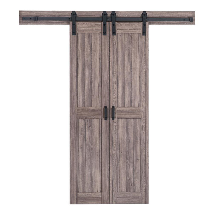 36 in. x 84 in. Taupe MDF Solid Core Bi-Parting Design Interior Sliding Barn Door with Modern Rustic Hardware Kit - Super Arbor