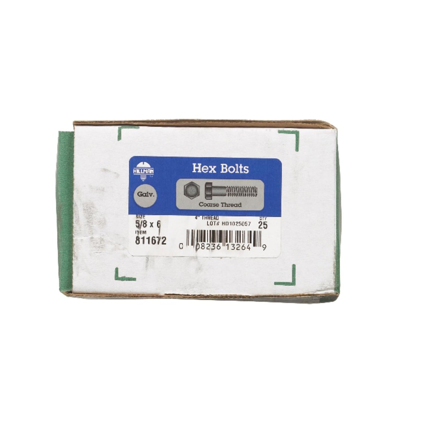 Hillman 5/8 in. Diameter x 6 in. Length Hot-Dipped Galvanized Steel Hex Bolt, Coarse Thread, 25-Pack