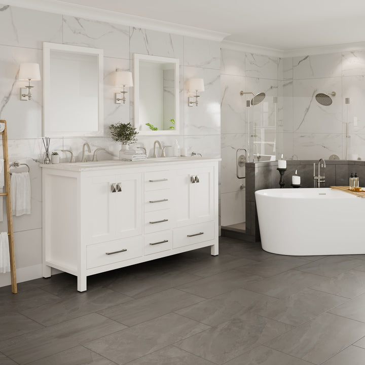 Eviva Aberdeen 60 in. W x 22 in. D x 34 in. H Double Sink Freestanding Bath Vanity in Blue with White Carrara Marble Top