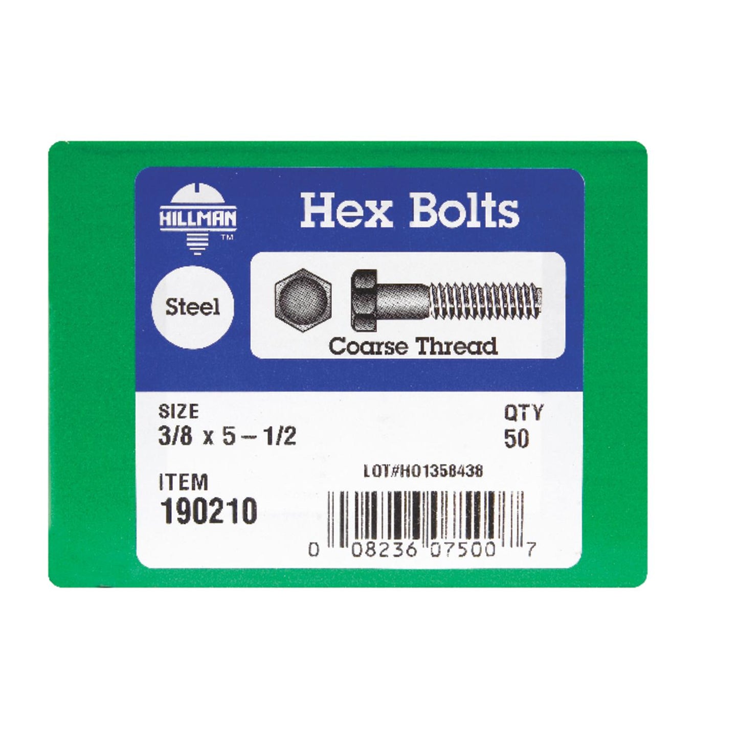 Hillman 3/8 in. Diameter x 5-1/2 in. Length Zinc-Plated Steel Hex Bolt, Coarse Thread, 50-Pack