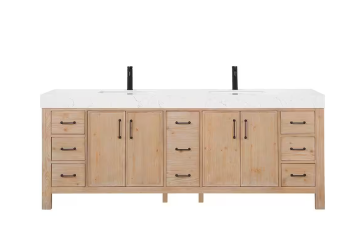 León 84 in.W x 22 in.D x 34 in.H Double Sink Bath Vanity in Fir Wood Brown with White Composite Stone Top