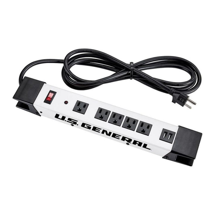 U.S. GENERAL 5-Outlet Magnetic Power Strip with Metal Housing and 2 USB Ports, White