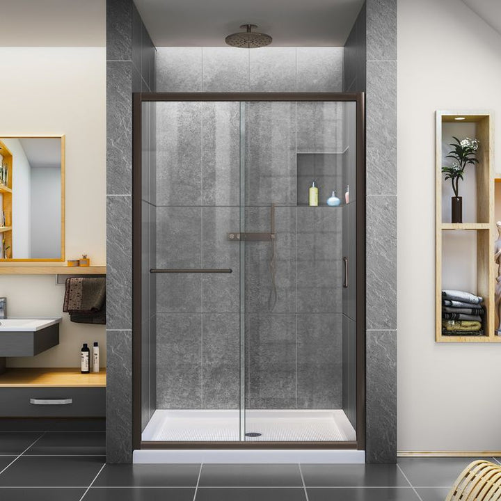 DreamLine Infinity-Z 72-in H x 44-in to 48-in W Semi-Frameless Bypass/Sliding Shower Door, Oil Rubbed Bronze, Clear Glass
