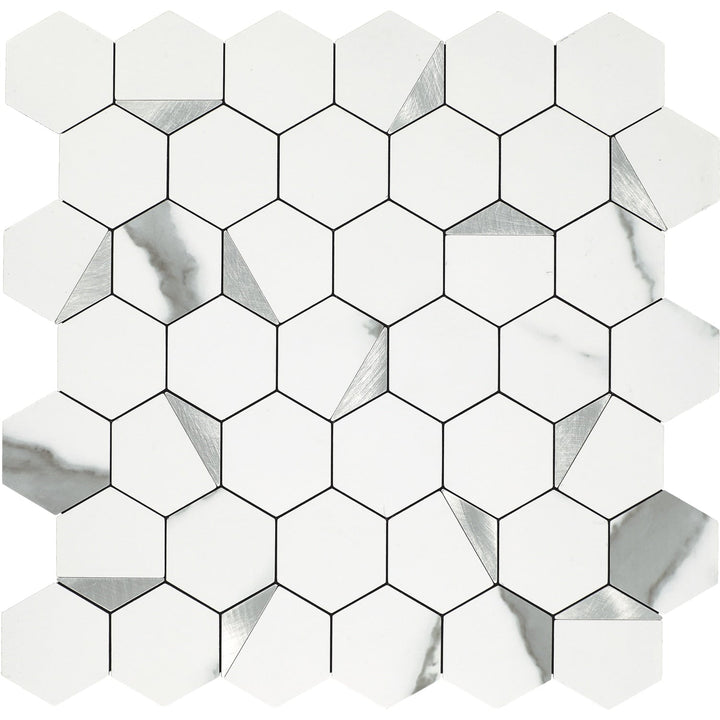 Daltile Smart Stick White And Silver 12-in x 12-in Matte PVC Hexagon Peel and stick Mosaic Wall Tile product image