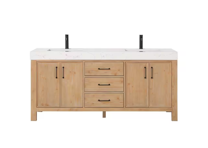 León 72 in.W x 22 in.D x 34 in.H Double Sink Bath Vanity in Fir Wood Brown with White Composite Stone Top