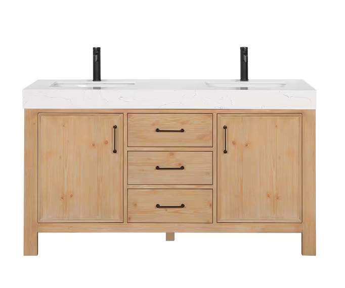 León 60 in.W x 22 in.D x 34 in.H Double Sink Bath Vanity in Fir Wood Brown with White Composite Stone Top
