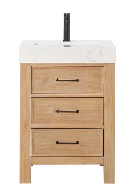 León 24 in.W x 22 in.D x 34 in.H Single Sink Bath Vanity in Fir Wood Brown with White Composite Stone Top