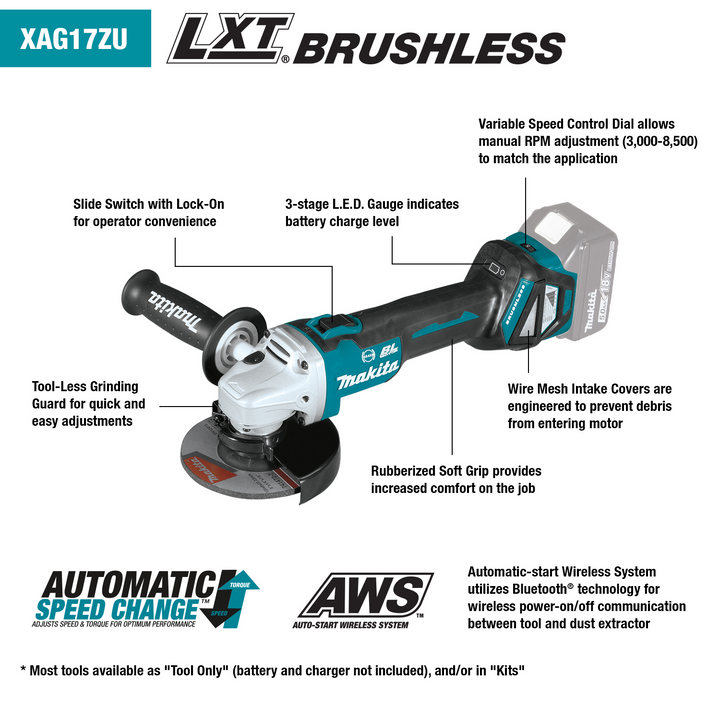 Makita 18V LXT Brushless 4-1/2 in. / 5 in. Cordless Cut-Off/Angle Grinder with Electric Brake and AWS (Tool Only)