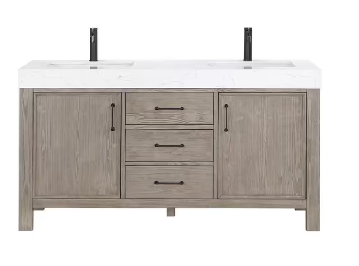 León 60 in.W x 22 in.D x 34 in.H Double Sink Bath Vanity in Fir Wood Grey with White Composite Stone Top