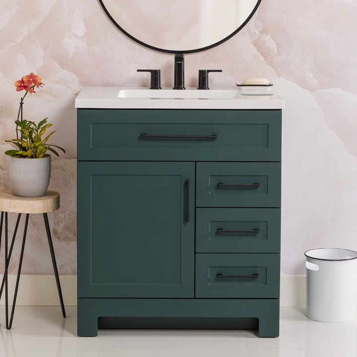 Style Selections Cauley 30-in Viridian Green Single Sink Bathroom Vanity with White Cultured Marble Top