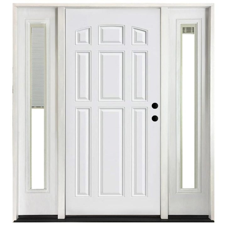 68 in. x 80 in. 9 Panel Primed White Right-Hand Steel Prehung Front Door with 14 in. Mini Blind Sidelites 6 in. Wall - Super Arbor