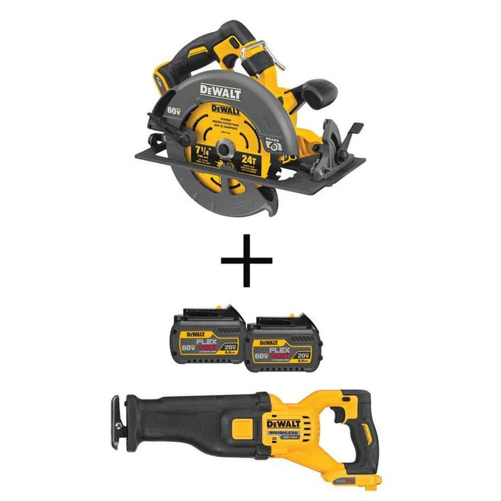 FLEXVOLT 60-Volt MAX Lithium-Ion Cordless Brushless 7-1/4 in. Circular Saw,2 Batteries,Charger,w/Bonus Reciprocating Saw