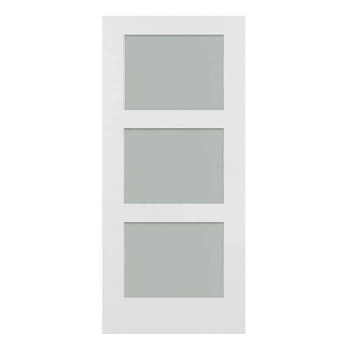 36 in. x 84 in. Shaker 3-Lite Frosted Glass Primed MDF Composite Barn Door Slab - Super Arbor