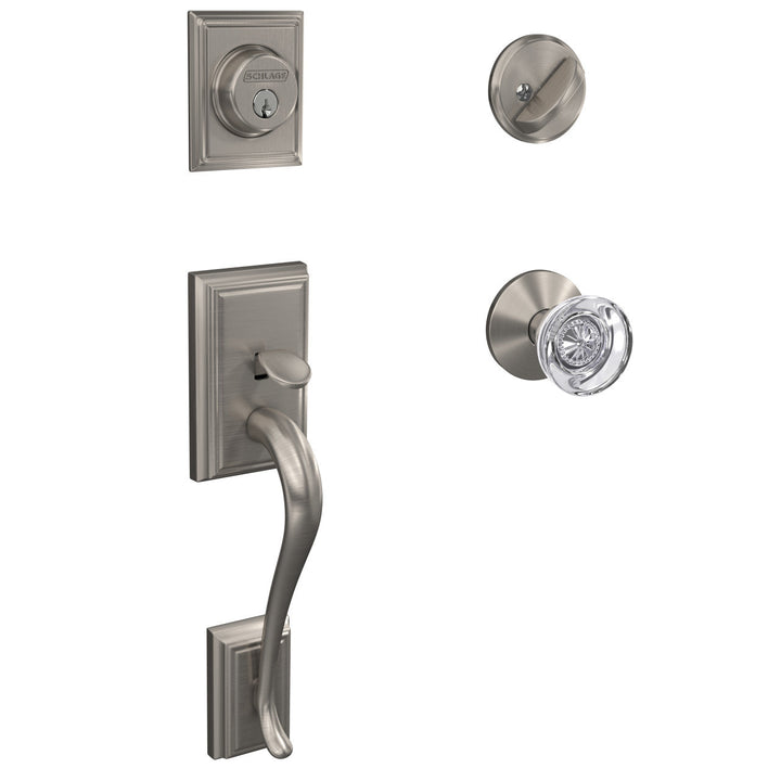 Schlage Addison Satin Nickel Dummy Door Handleset with Hobson Glass Knob and Kinsler Trim