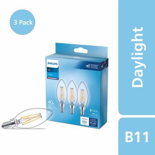 Philips 40-Watt Equivalent B11 Dimmable Edison LED Candle Light Bulb Glass Bent Tip Candelabra Base Daylight (5000K) (3-Pack)