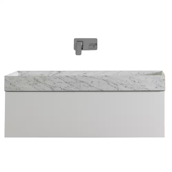 Eviva Fritti 36 in. W x 19 in. D x 12.5 in. H Bathroom Vanity in White with White Carrara Marble Top with Trough Sink