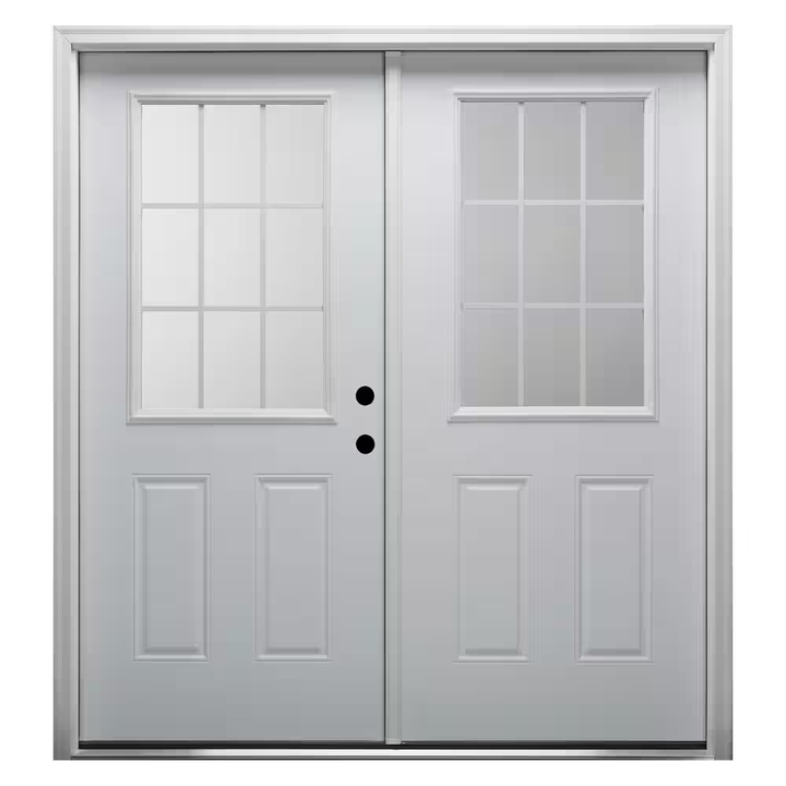 MMI Door 64 in. x 80 in. White Internal Grilles Left-Hand Inswing 1/2-Lite Clear Glass 2-Panel Primed Steel Prehung Front Door