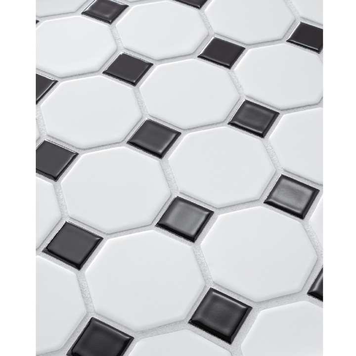 Octagon Matte White with Black Porcelain Mosaic Wall and Floor Tile - 2.25 x 2.25 in.