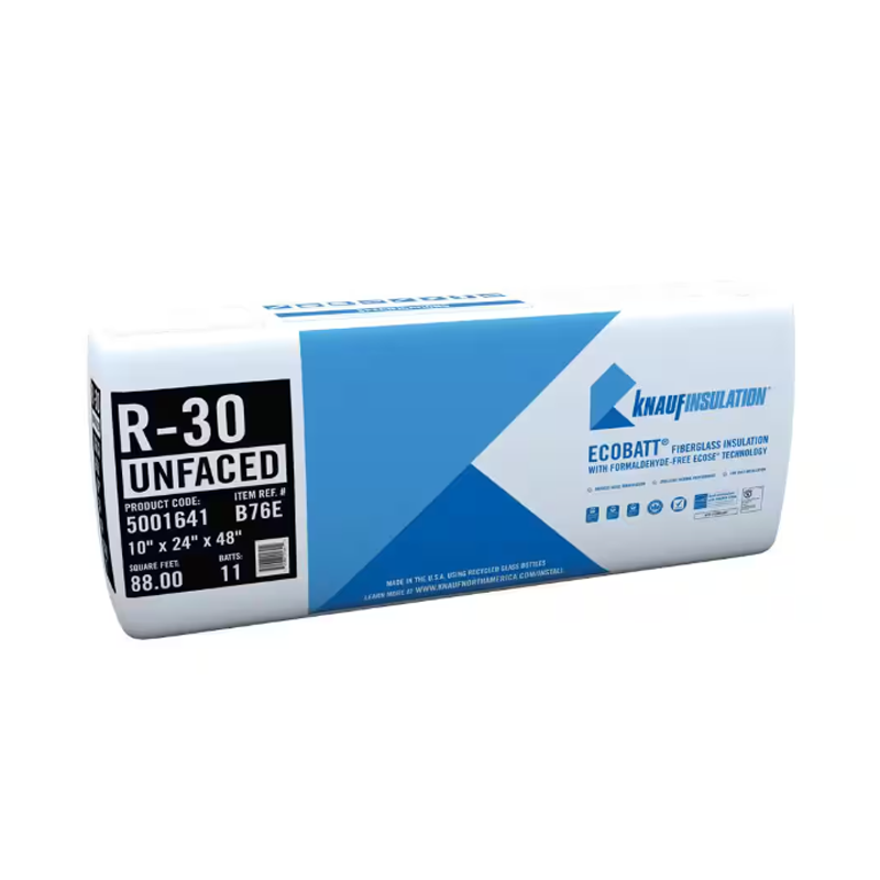 R-30 EcoBatt Unfaced Fiberglass Insulation Batt, 10" x 24" x 48", 88 SF – Knauf Insulation