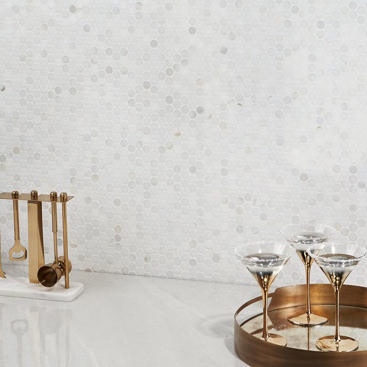 White Jade 1" Polished Marble Penny Round Mosaic Tile