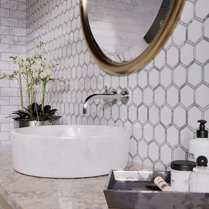 Jeff Lewis Norton White 11.75 in. x 11.375 in. x 9 mm Hexagon Polished Marble Wall and Floor Mosaic Tile